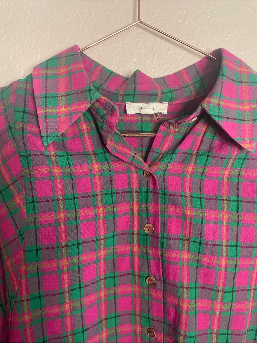 Entro Pink Green Plaid Oversized Pima Cotton Button Up Small - Picture 7 of 12